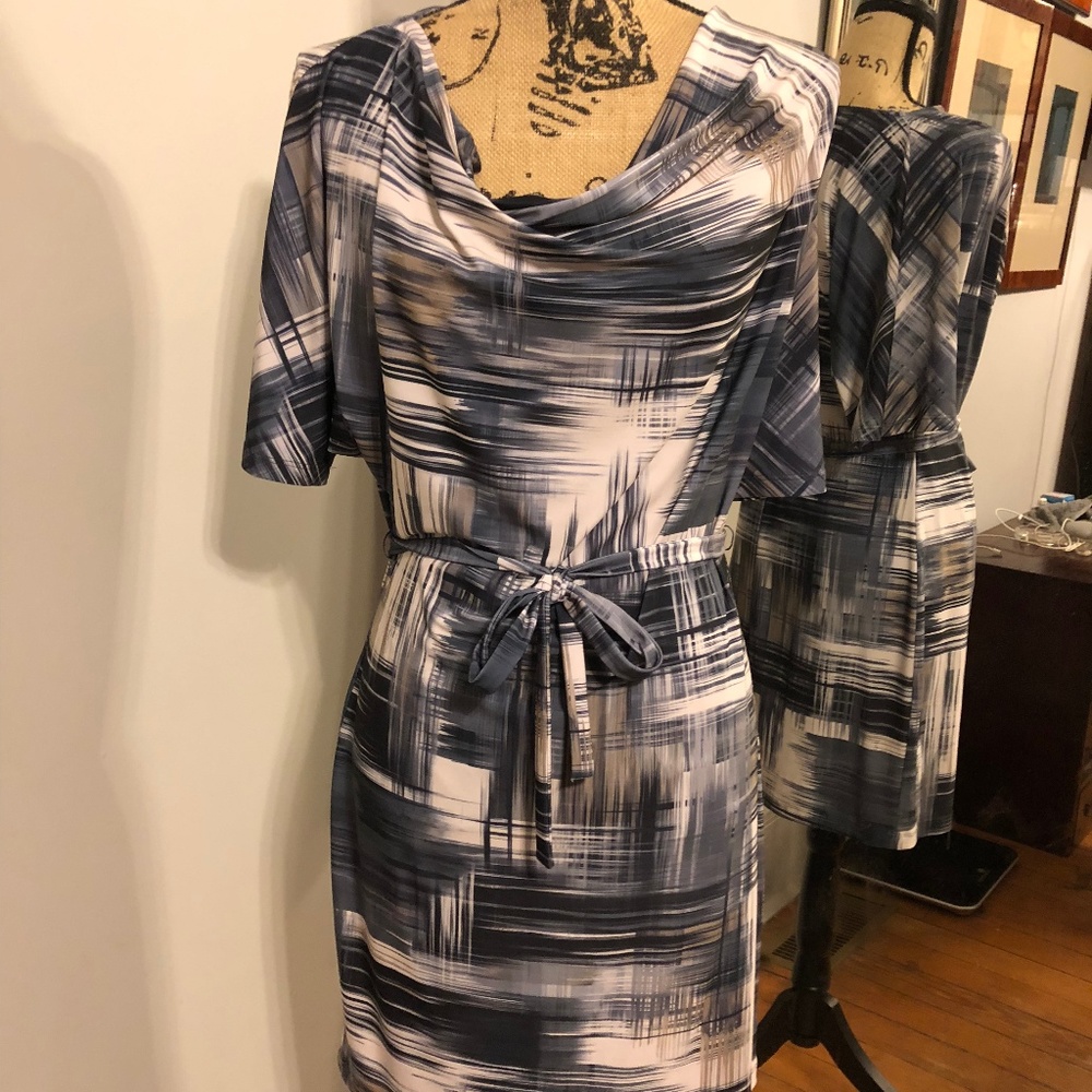 Women's Blue & White Abstract Belted Dress